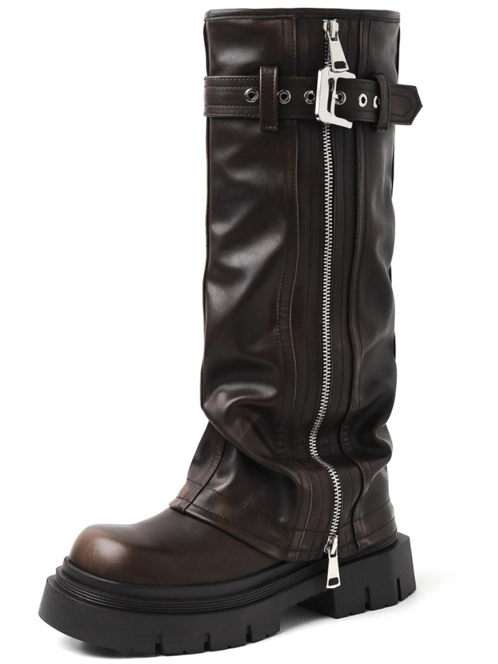 Women's Platform Fold Over Biker Knee High Boots Belt Buckle Square Toe Chunky